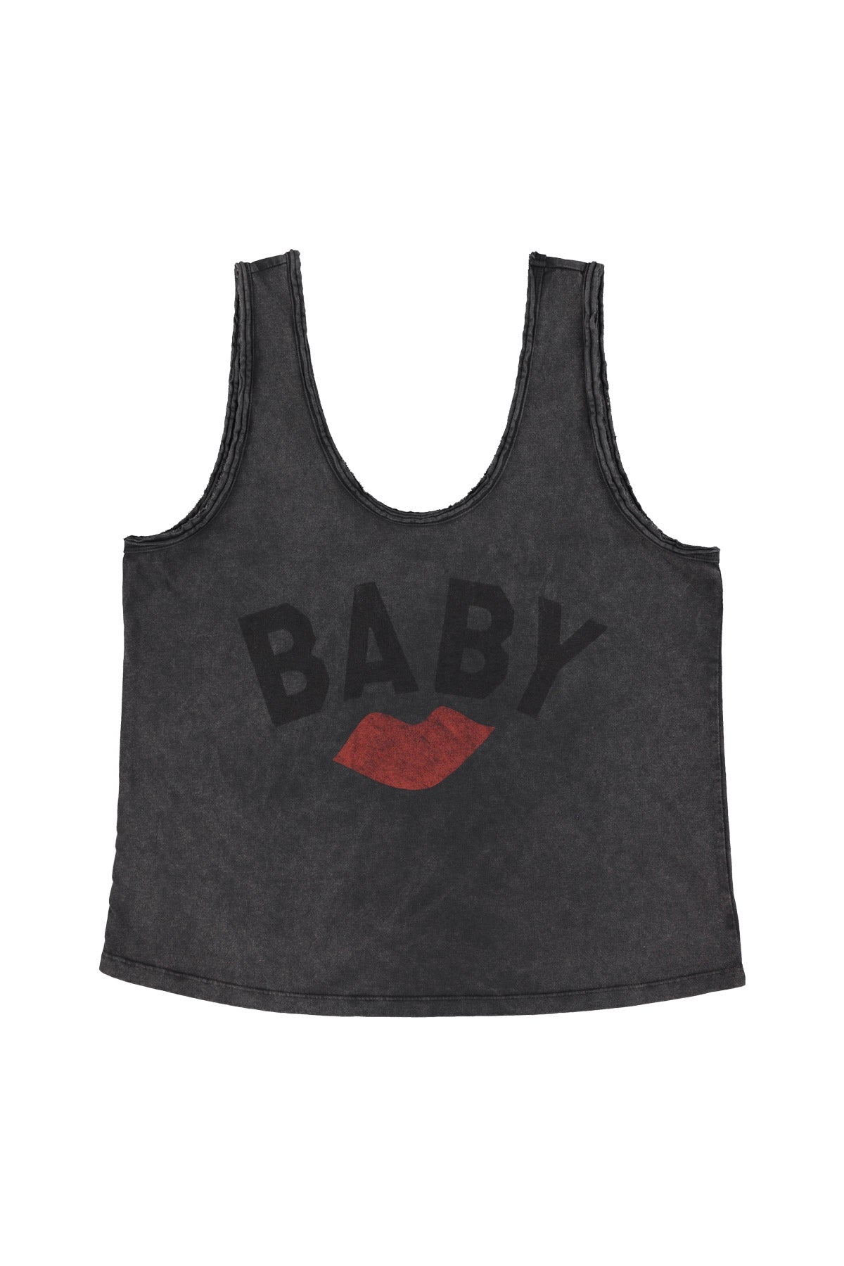 Camiseta/Top Sin Mangas Con Cuello Negro Lavado Estampado "Baby" Labios Rojos