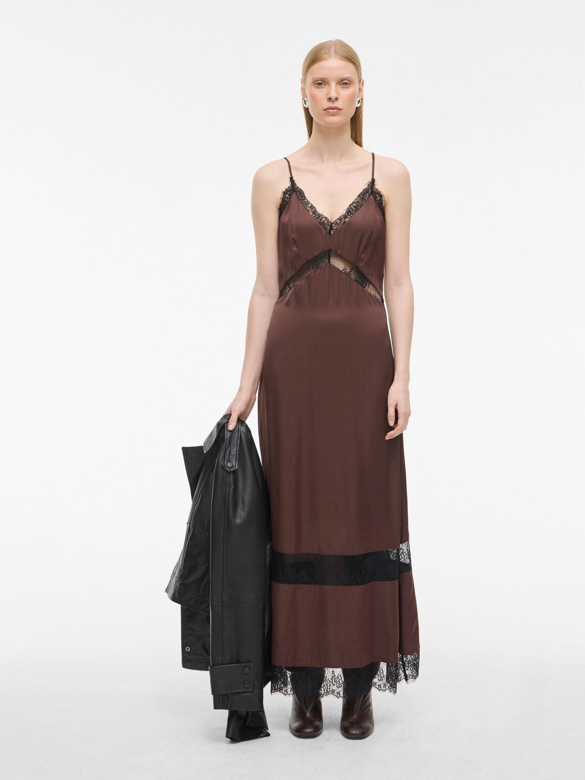 Vestido Midi Roulace Tirantes Marrón Café