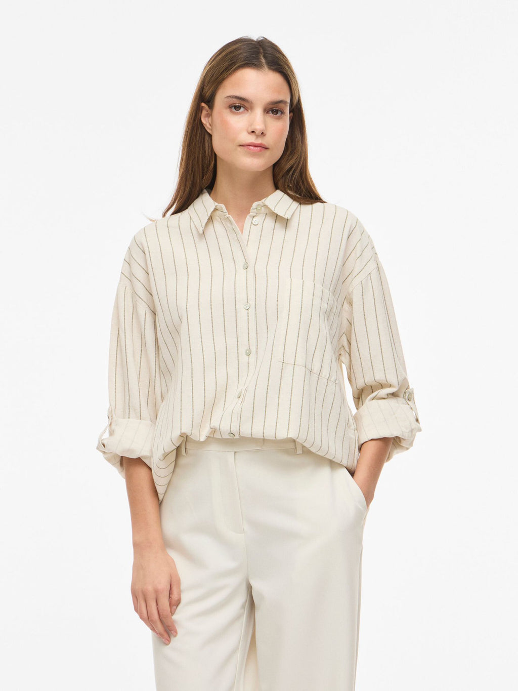 Camisa Rayas Viprisilla Manga Larga Natural Jaspeado Claro