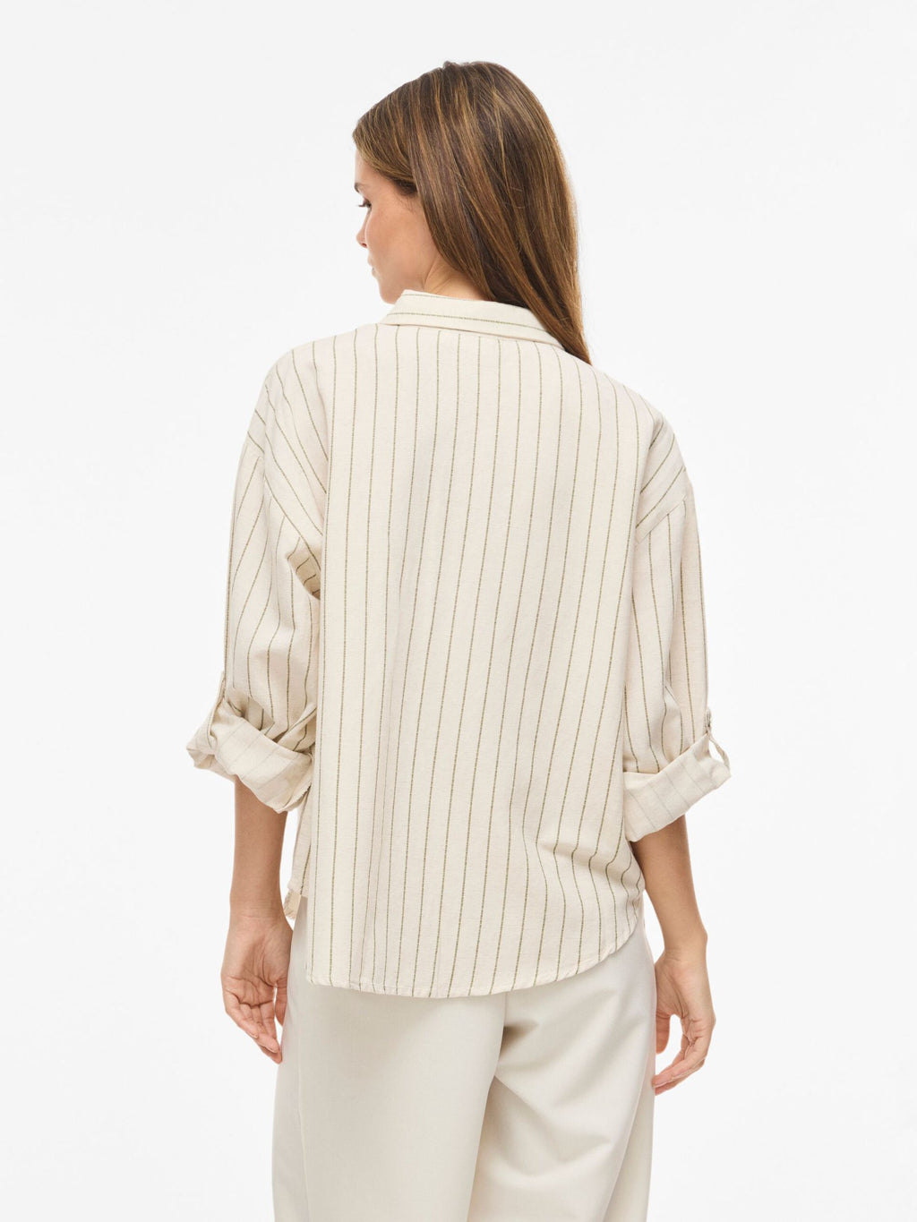 Camisa Rayas Viprisilla Manga Larga Natural Jaspeado Claro