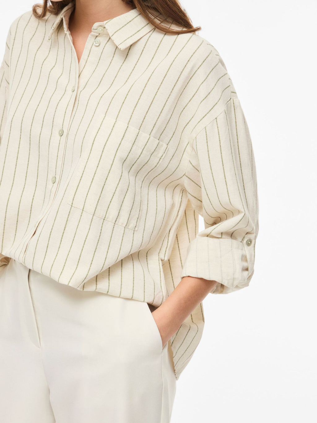 Camisa Rayas Viprisilla Manga Larga Natural Jaspeado Claro