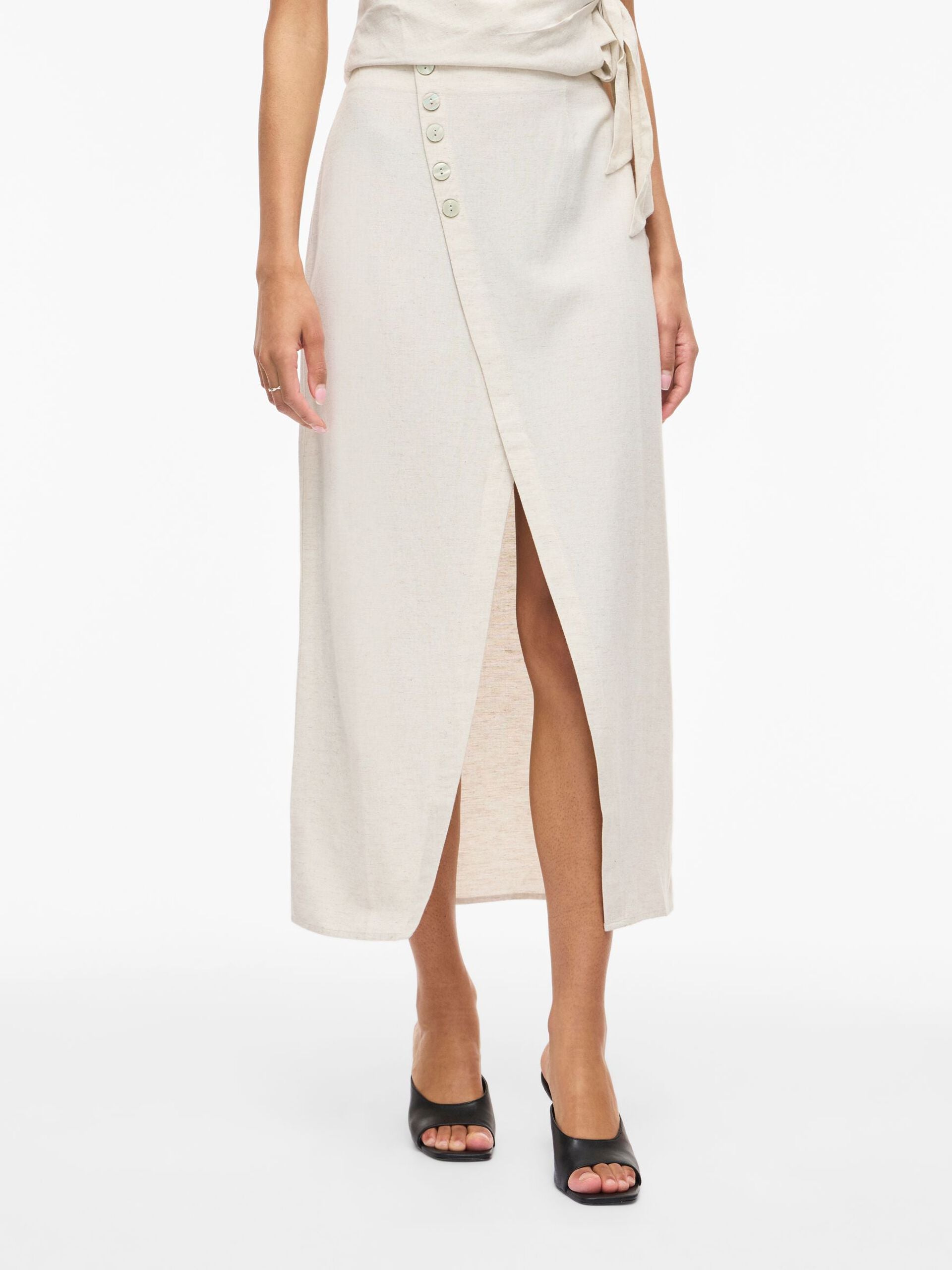 Falda Midi Viprisilla Talle Alto Botones Natural Jaspeado Claro