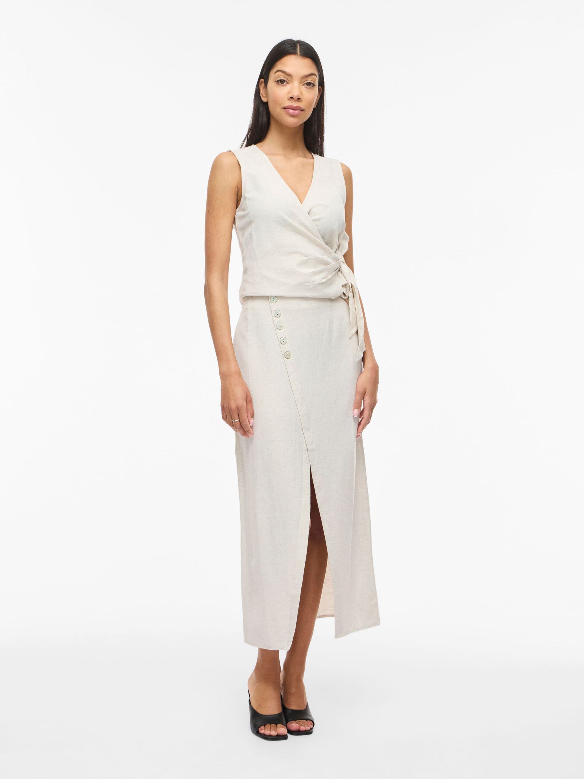 Falda Midi Viprisilla Talle Alto Botones Natural Jaspeado Claro