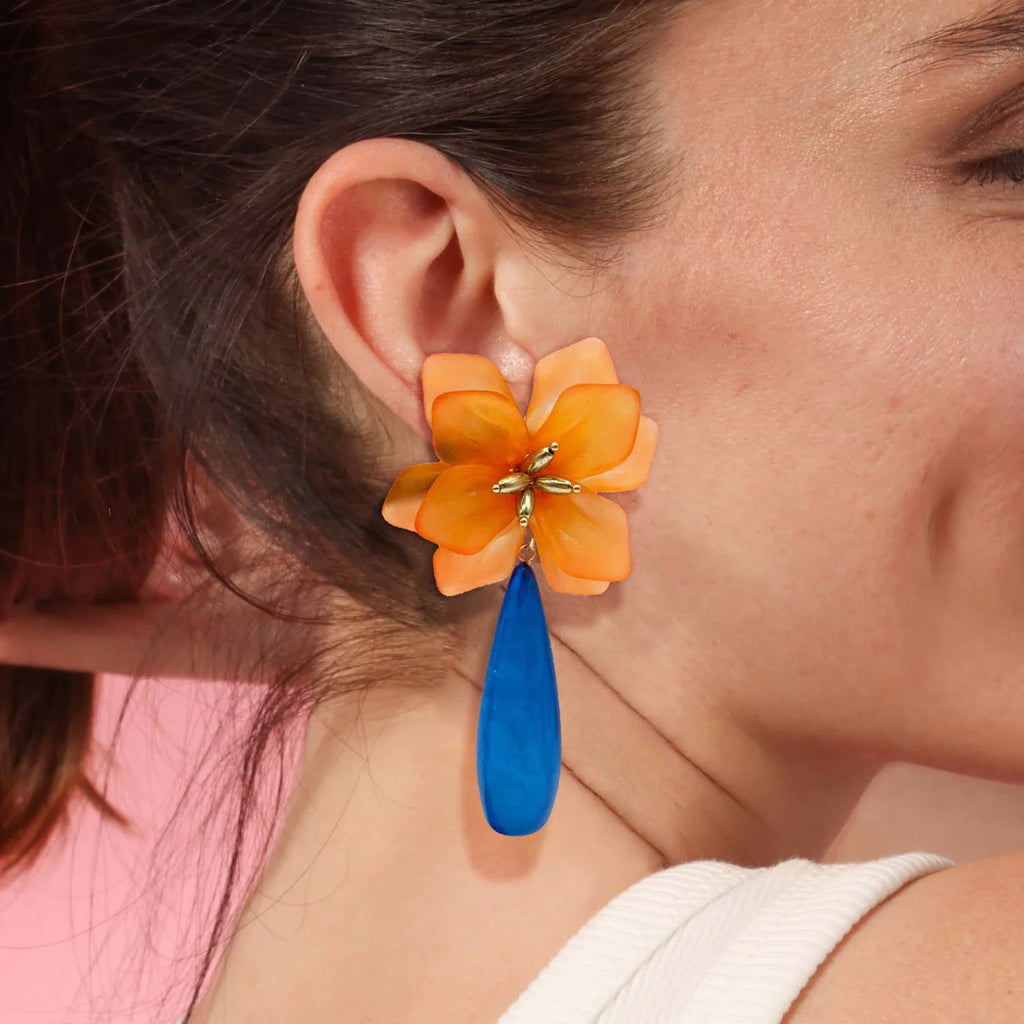 Pendientes Colgantes Floral Naranja y Azul
