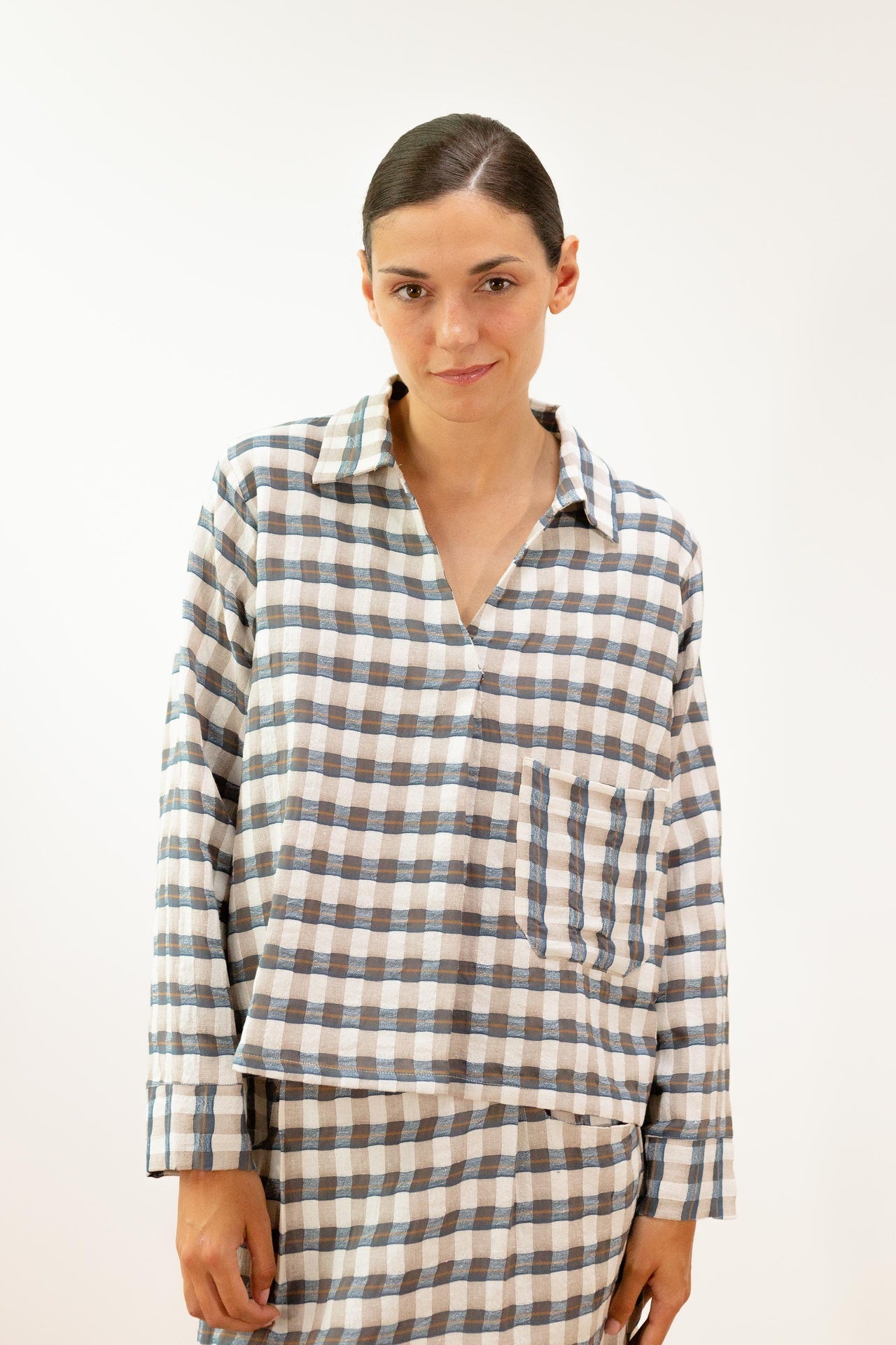 Blusa Xadrez Azul/ Bege 2601153