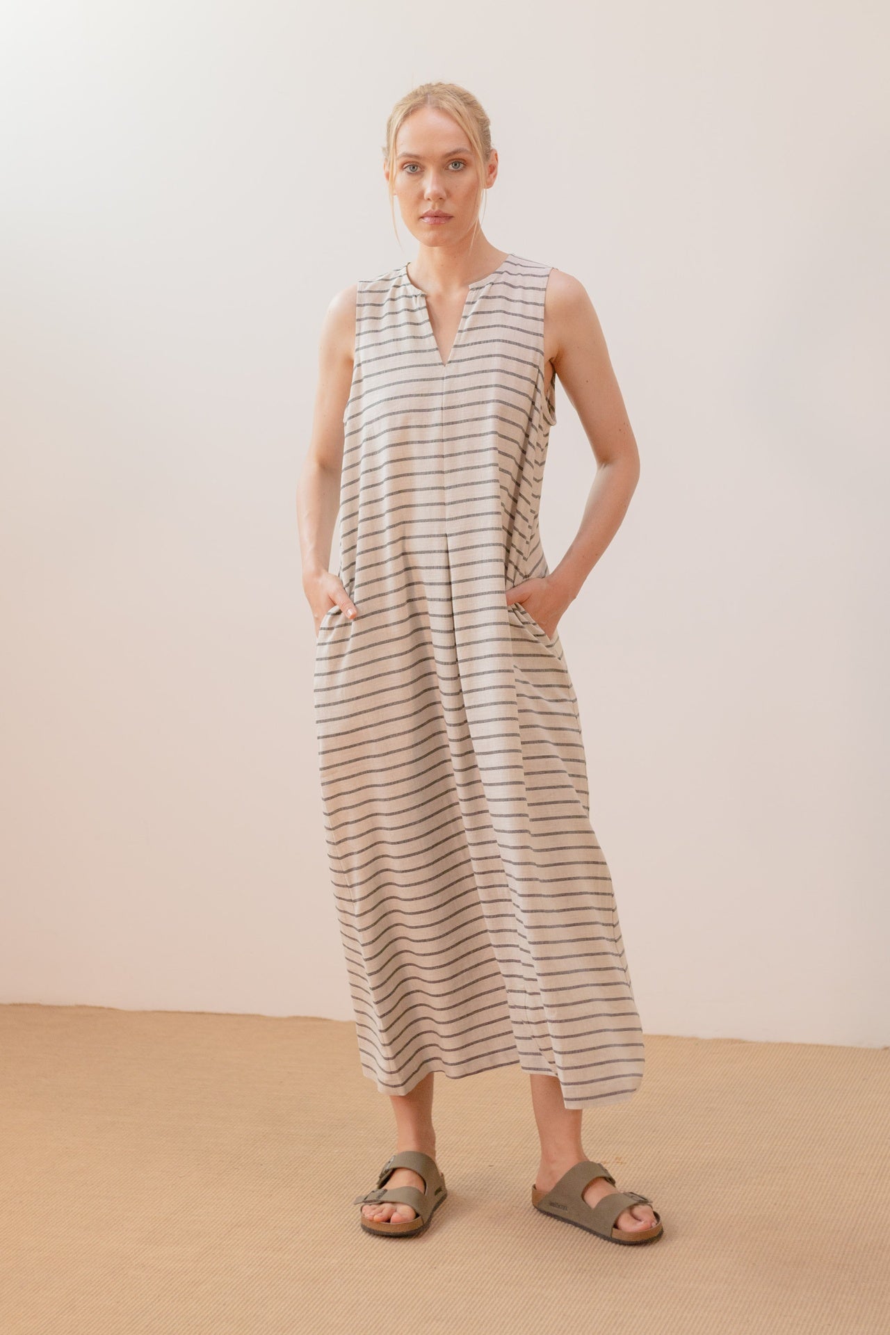 Vestido Rayas Beige Negro