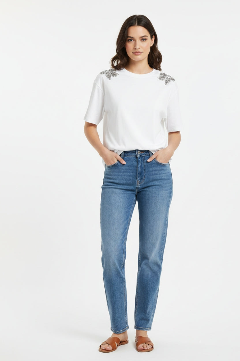 Viselsa Short Sleeve T-Shirt with White Embroidered Detail