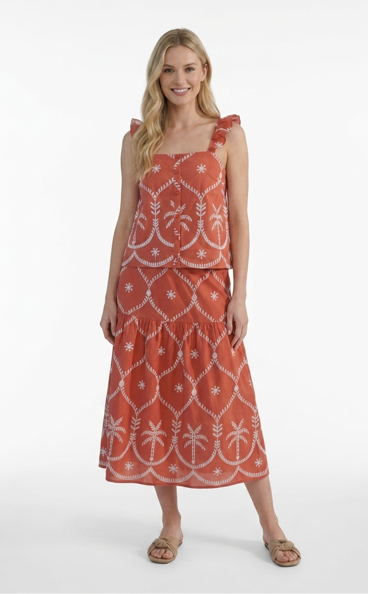 Falda Midi Vitosa Talle Alto Terracota Oscura