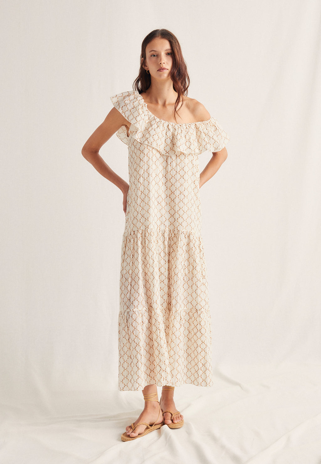 Vestido Volante Bordado Etnico Ivy Crudo