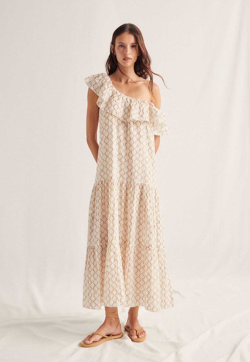 Vestido Volante Bordado Etnico Ivy Crudo