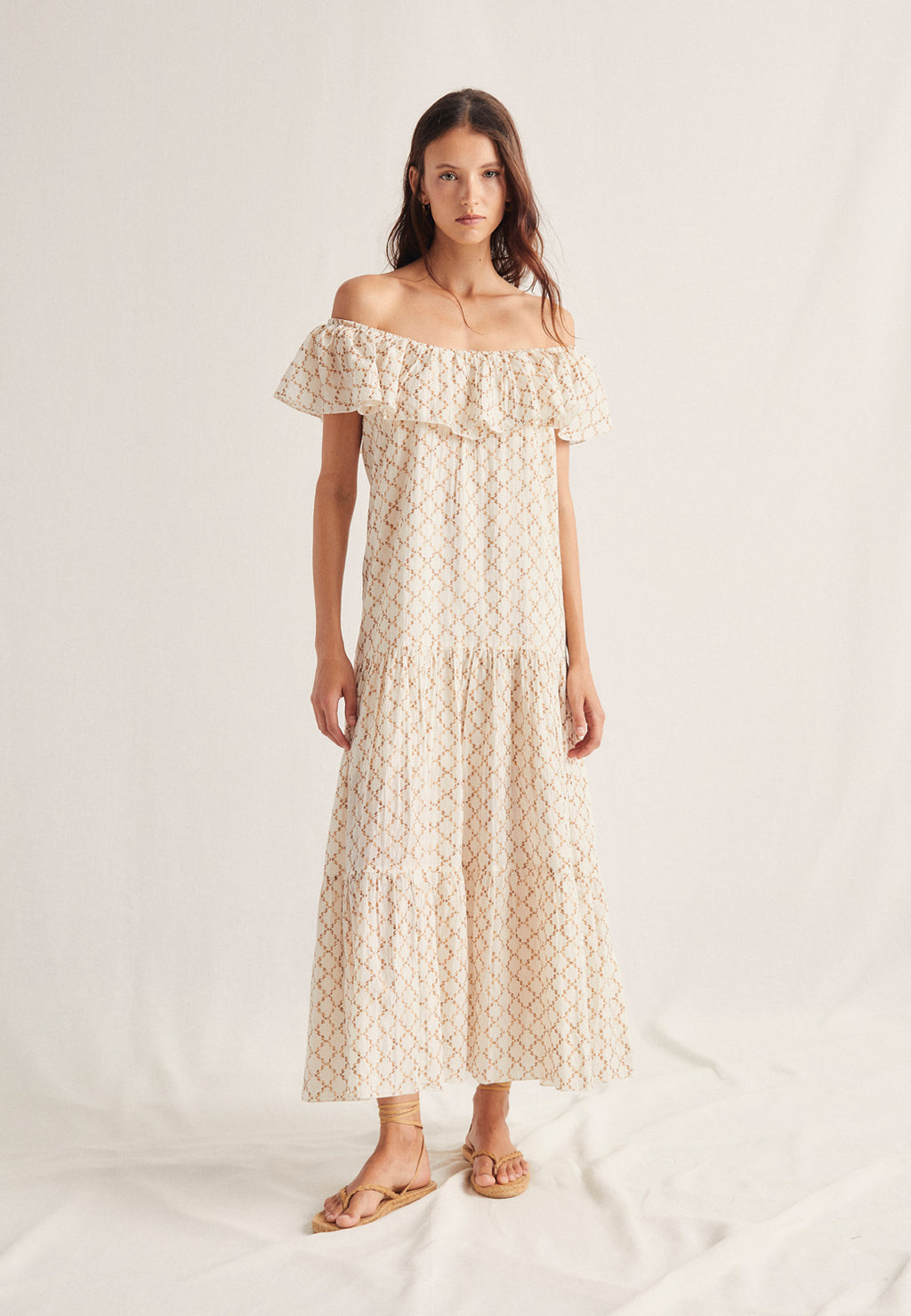 Vestido Volante Bordado Etnico Ivy Crudo