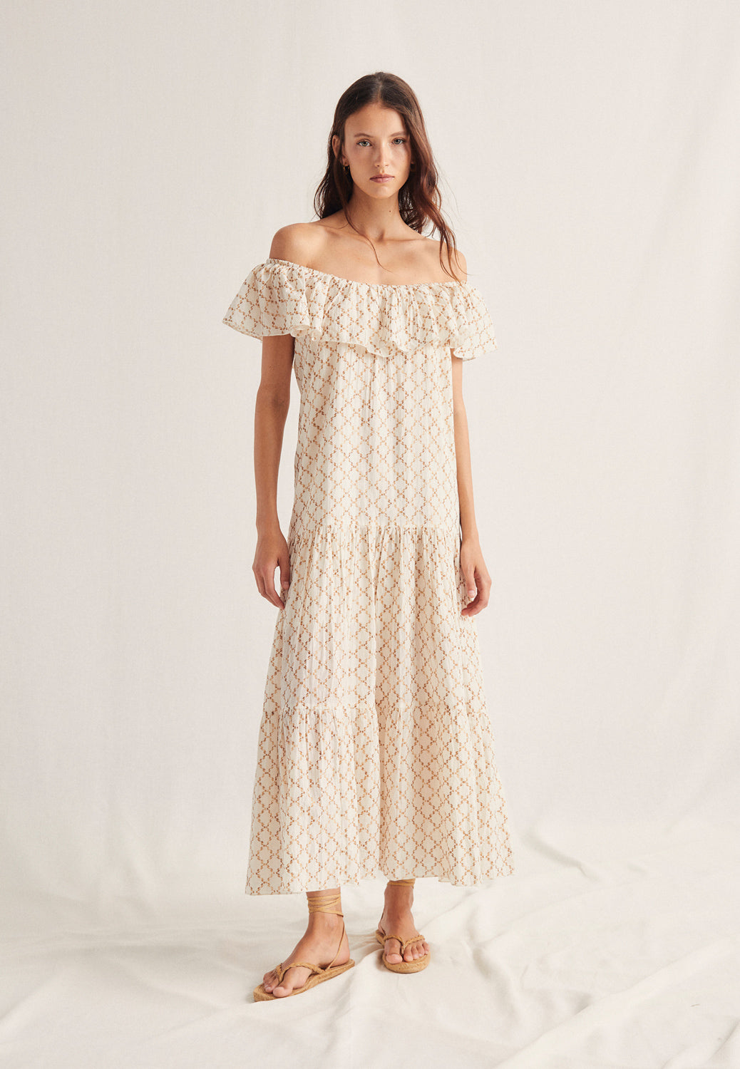 Vestido Volante Bordado Etnico Ivy Crudo