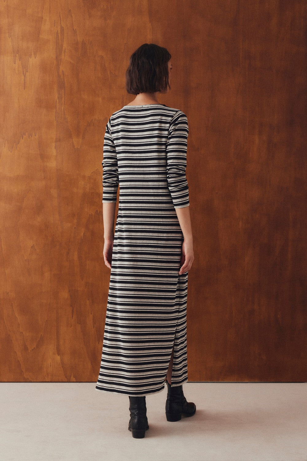 Vestido Vinci de rayas, detalle, color gris, MI&CO