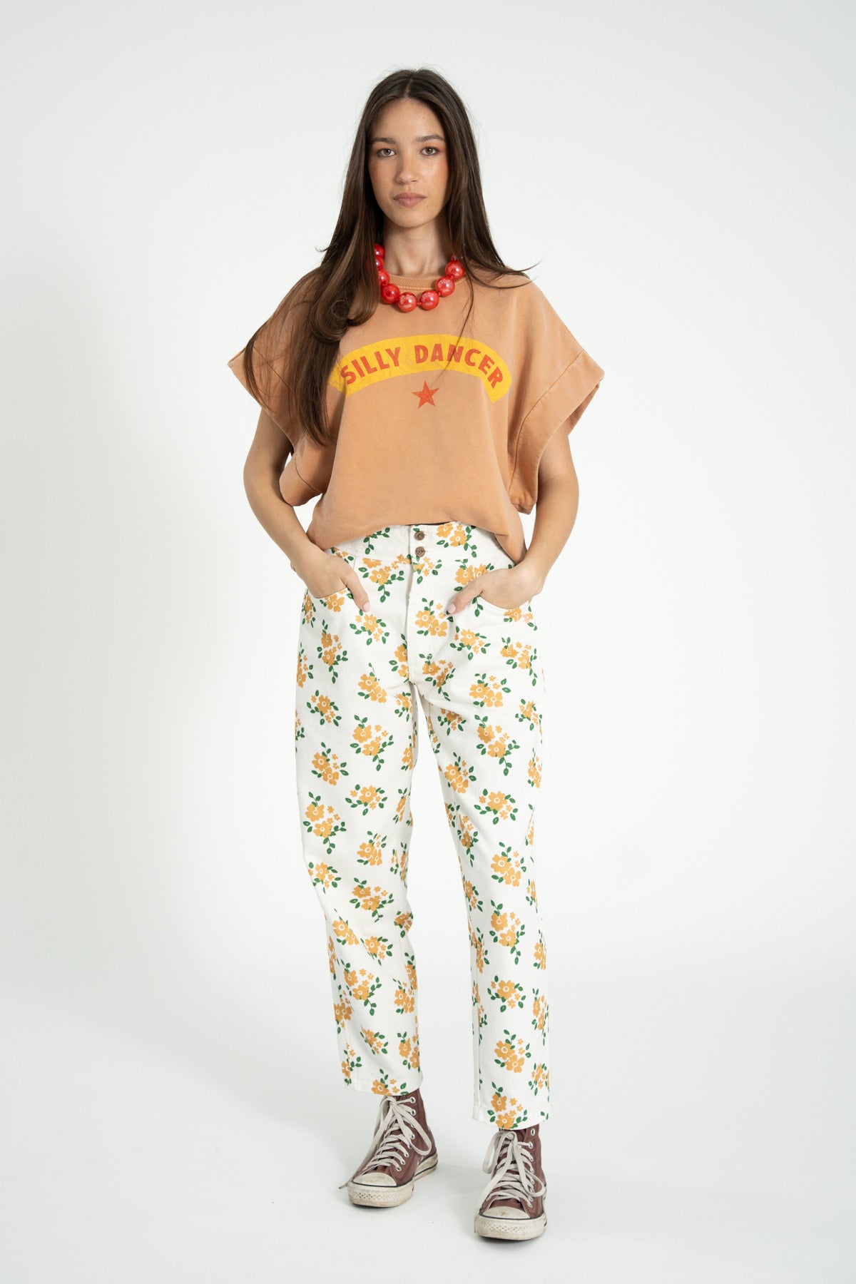 Pantalón Ecru Flores Mostaza