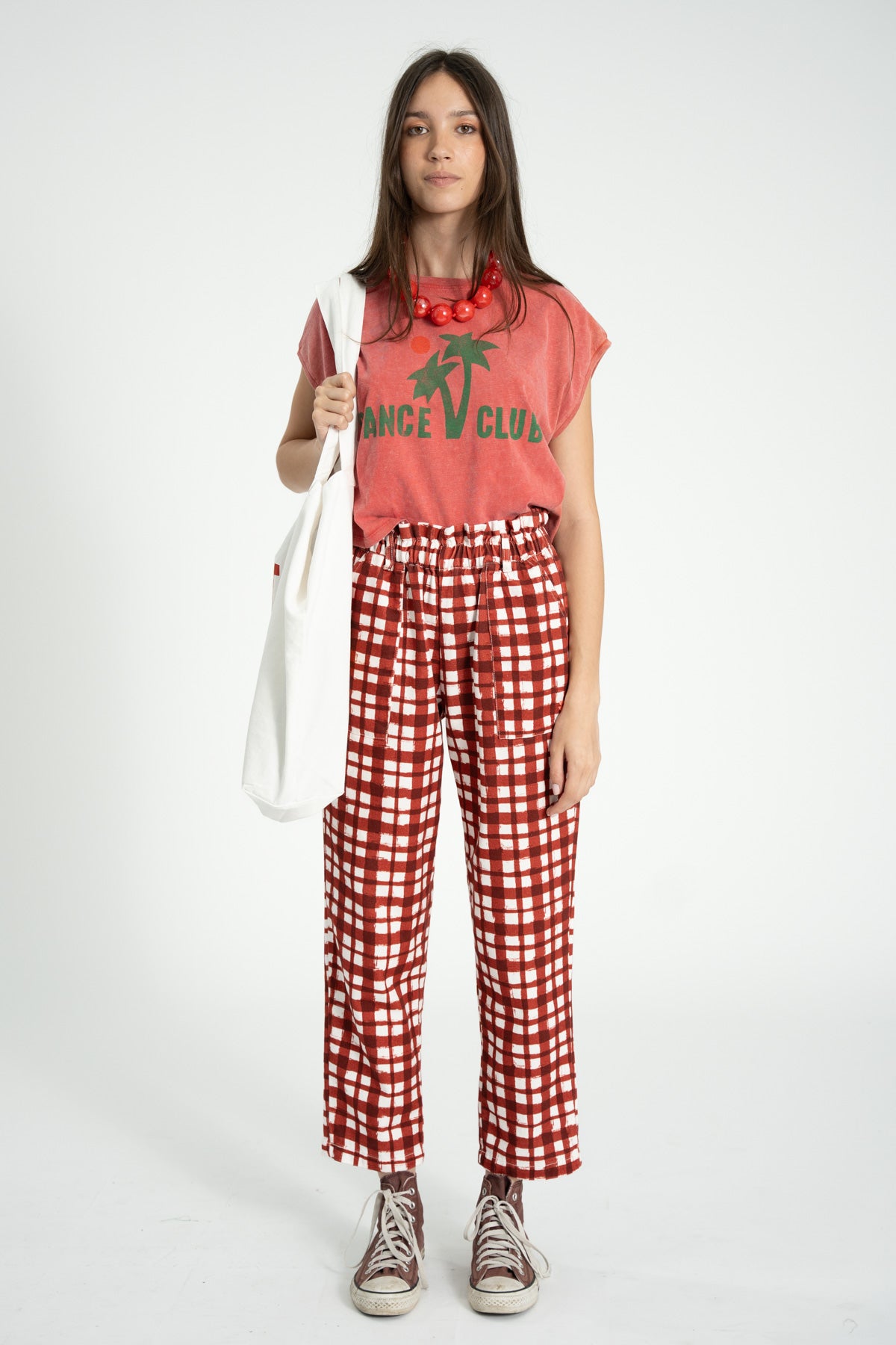 Pantalón Burdeos y Cuadros Ecru