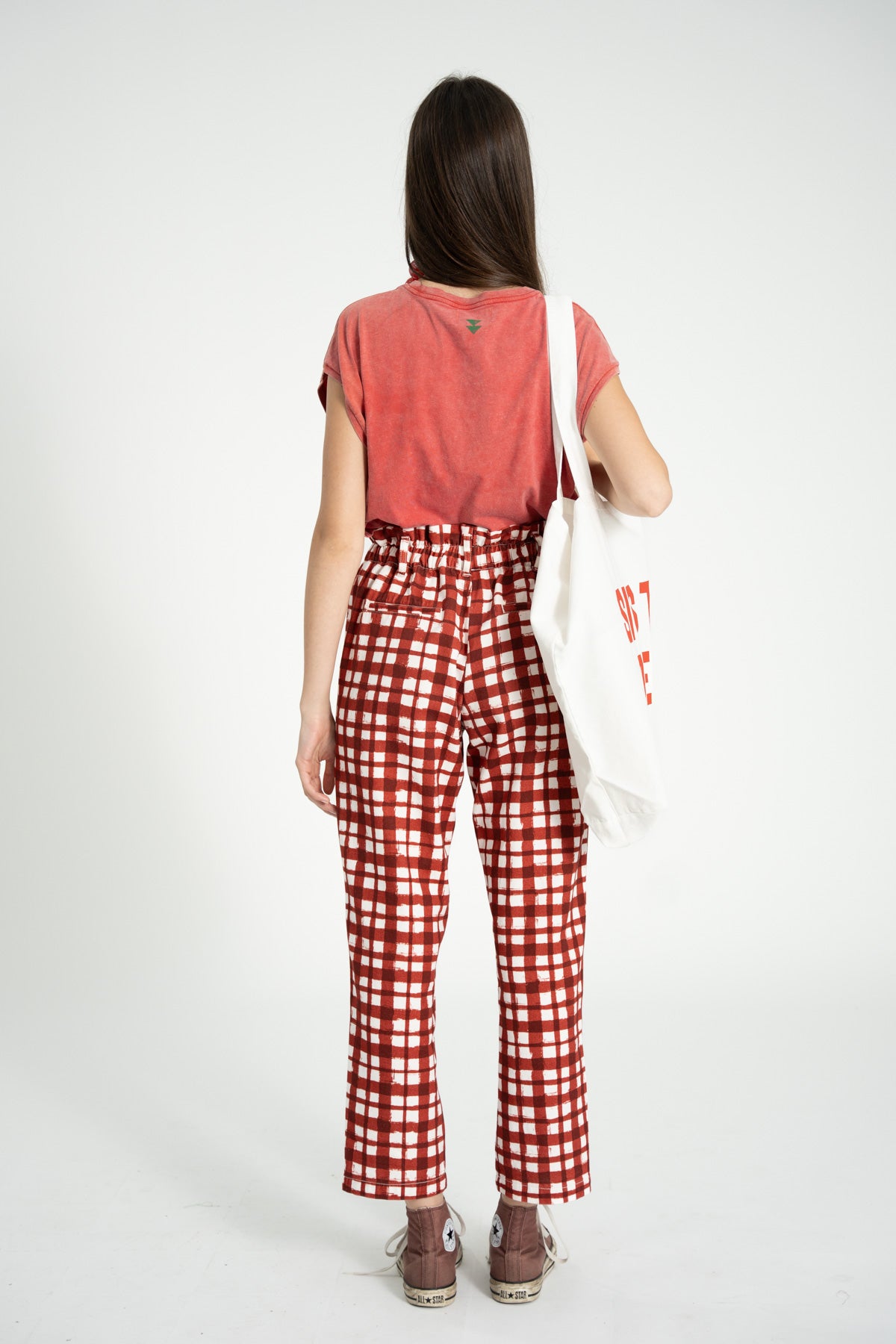 Pantalón Burdeos y Cuadros Ecru