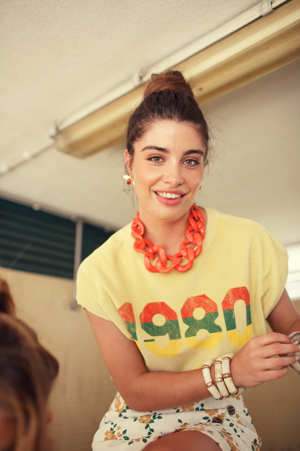 Yellow Sleeveless Round Neck T-Shirt/Top Sand "1980" 