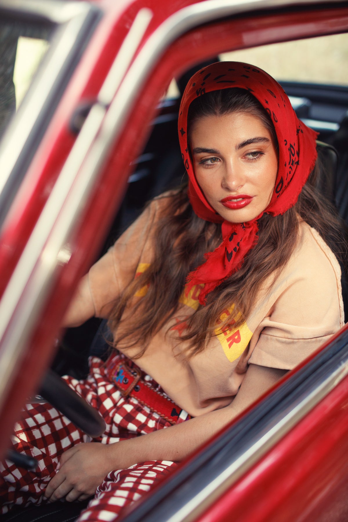 Pantalón Burdeos y Cuadros Ecru