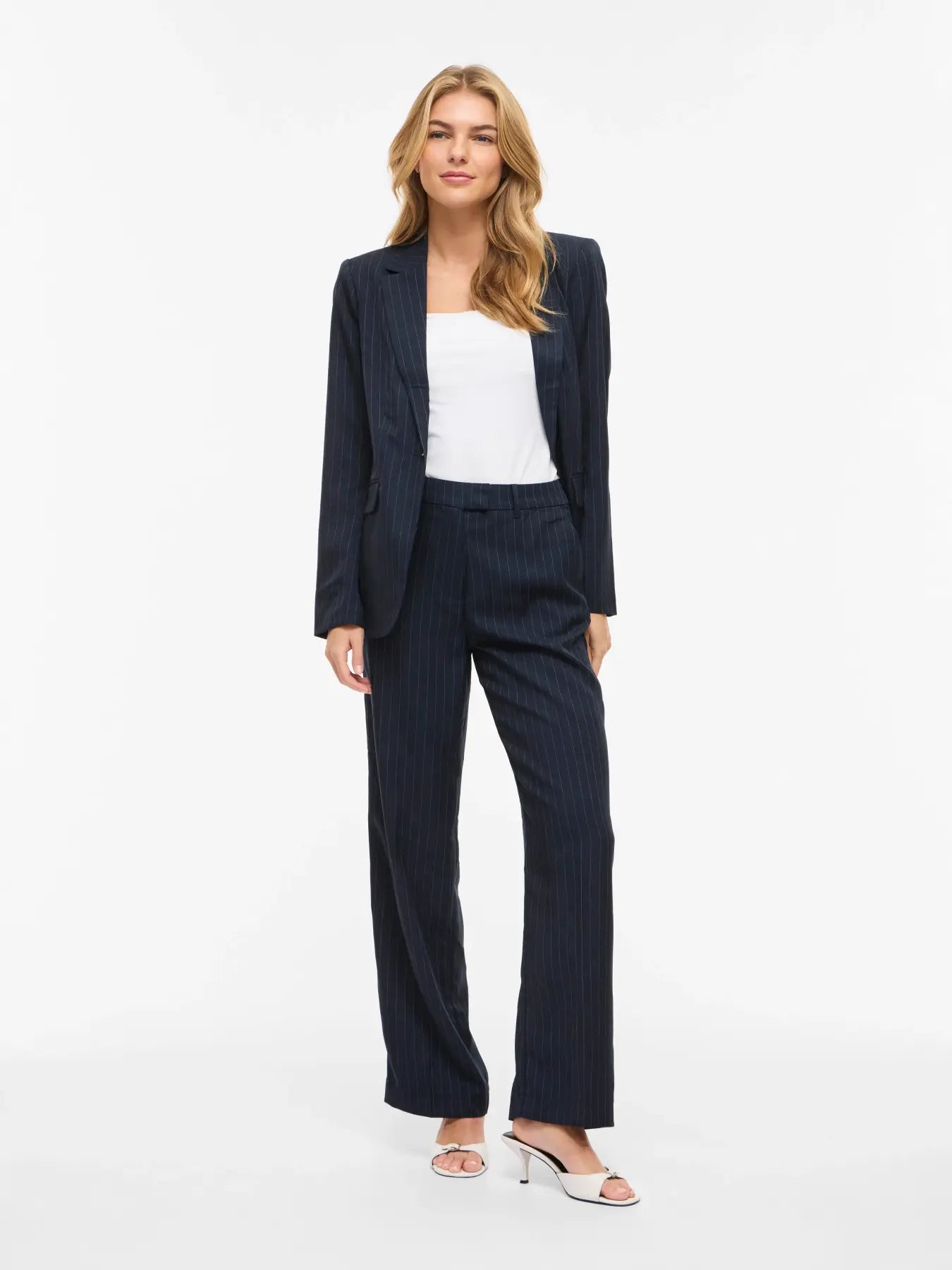 Pantalón Traje Vikemba Talle Alto Azul Marino Raya Diplomática