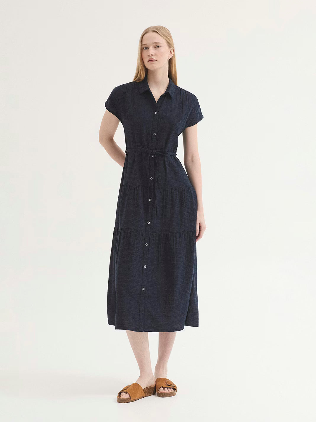 Vestido Textured Ruffle Dress Marinho