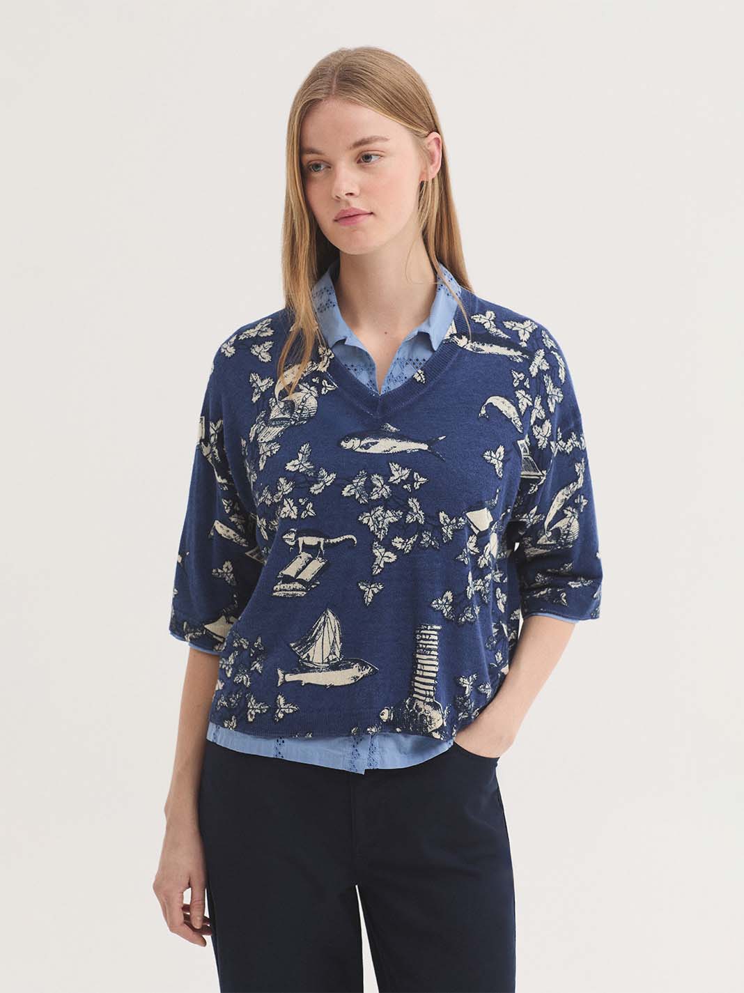 Jersey Midsummer Books Short Sweater Marino