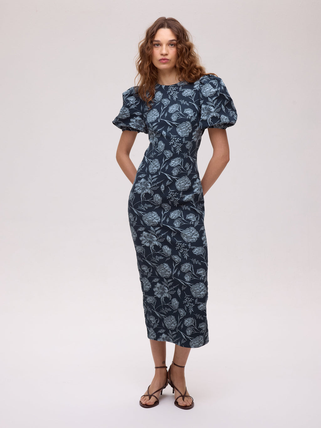 Vestido Fiore teal - vista frontal, brocado de flores