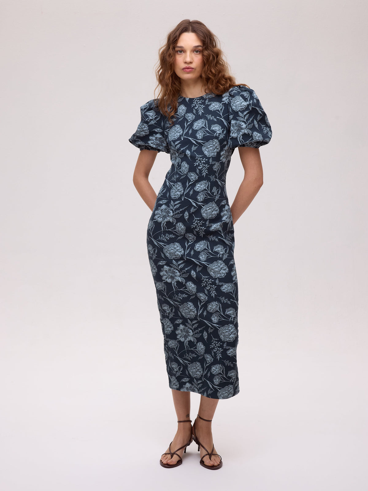 Vestido Fiore teal - vista frontal, brocado de flores
