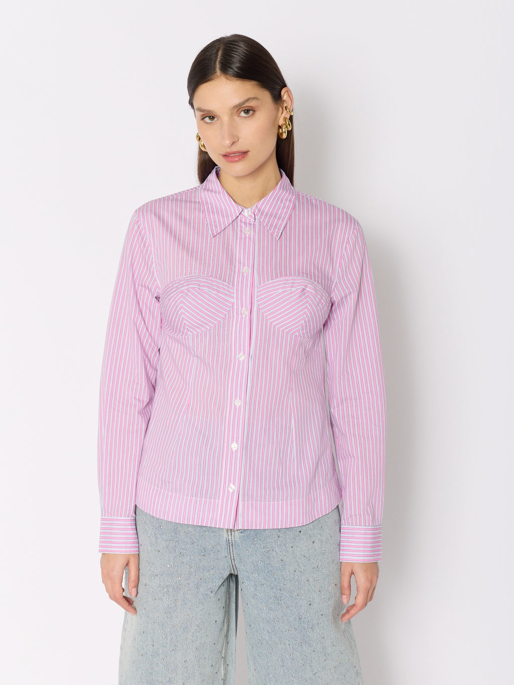 Camisa Rosa Rayas Blancas Efecto Corsé