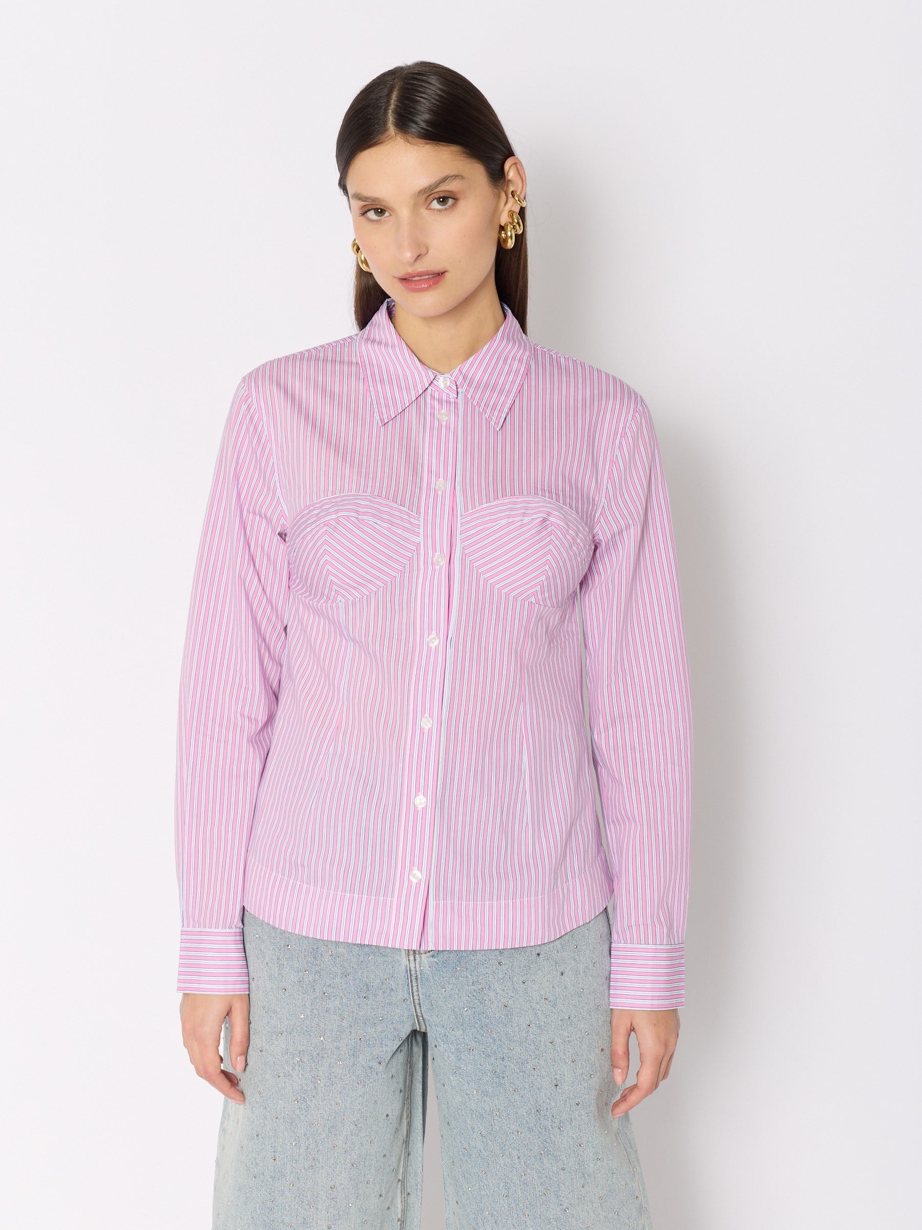 Camisa Rosa Rayas Blancas Efecto Corsé