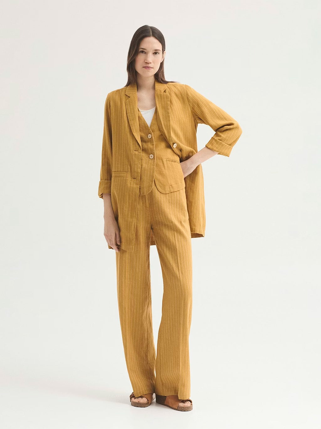 Pantalón Linen-Cotton Pinstripe Trousers Amarillo Oscuro