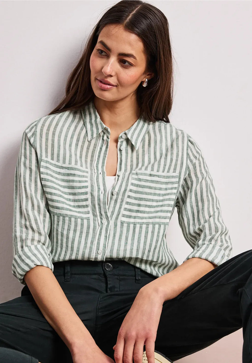 Camisa Lino Rayas Verde Bound