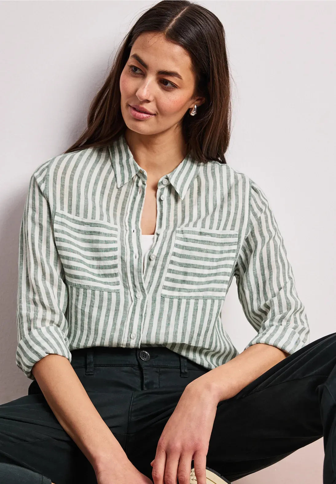 Camisa Lino Rayas Verde Bound