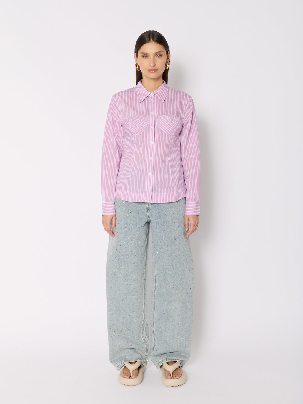 Camisa Rosa Rayas Blancas Efecto Corsé