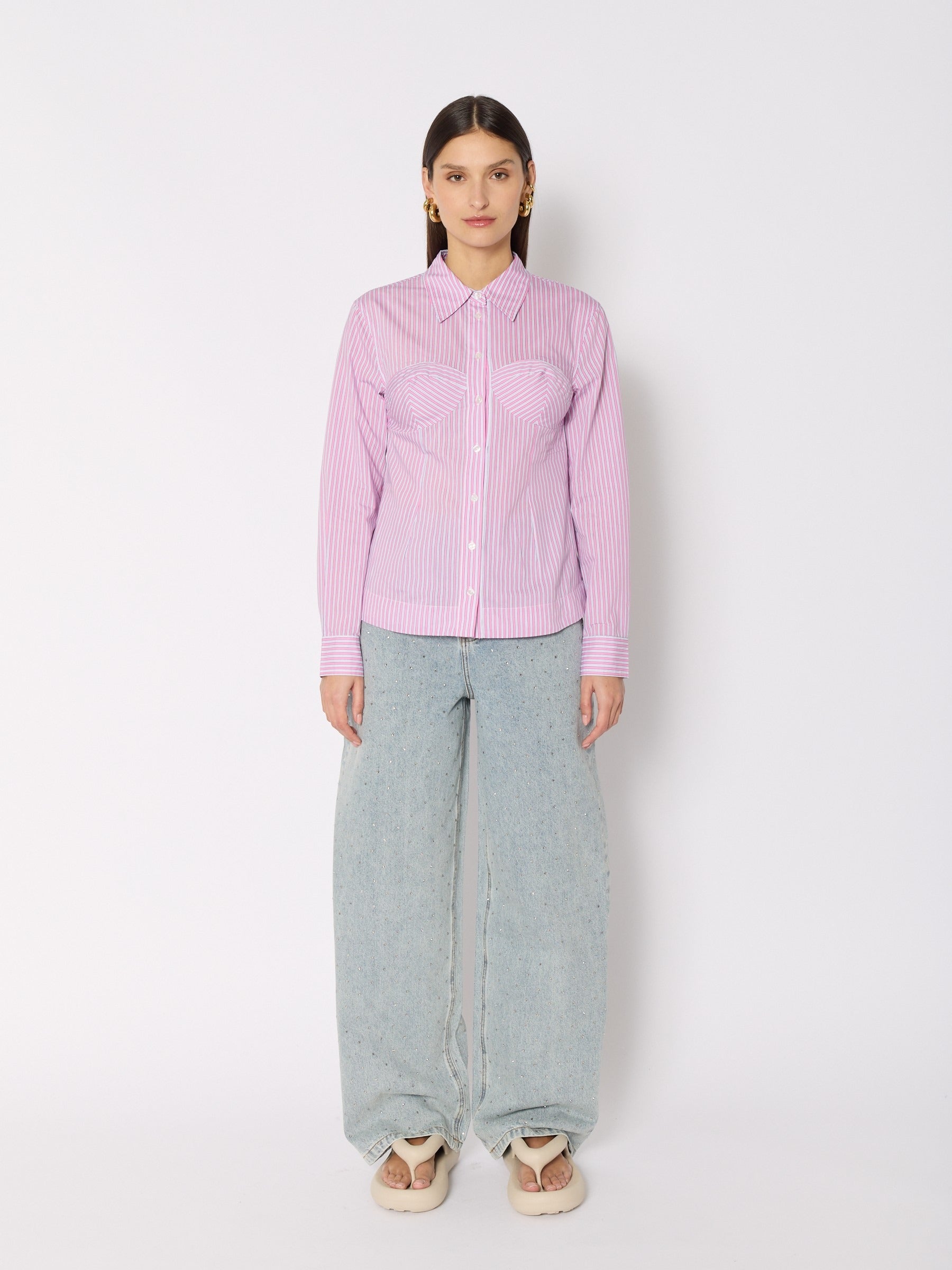 Camisa Rosa Rayas Blancas Efecto Corsé