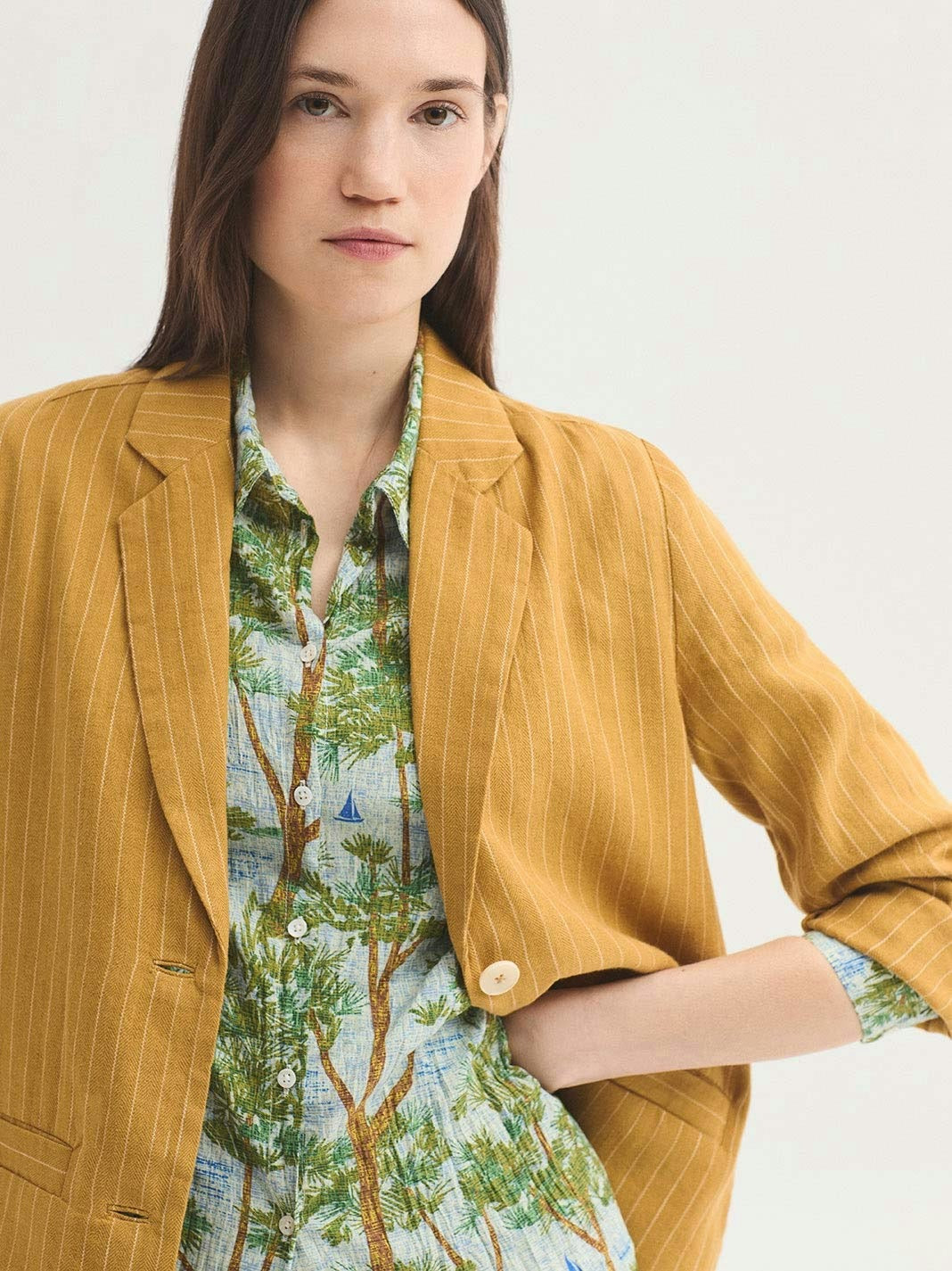 Blazer Linen-Cotton Pinstripe Coat Amarillo Oscuro