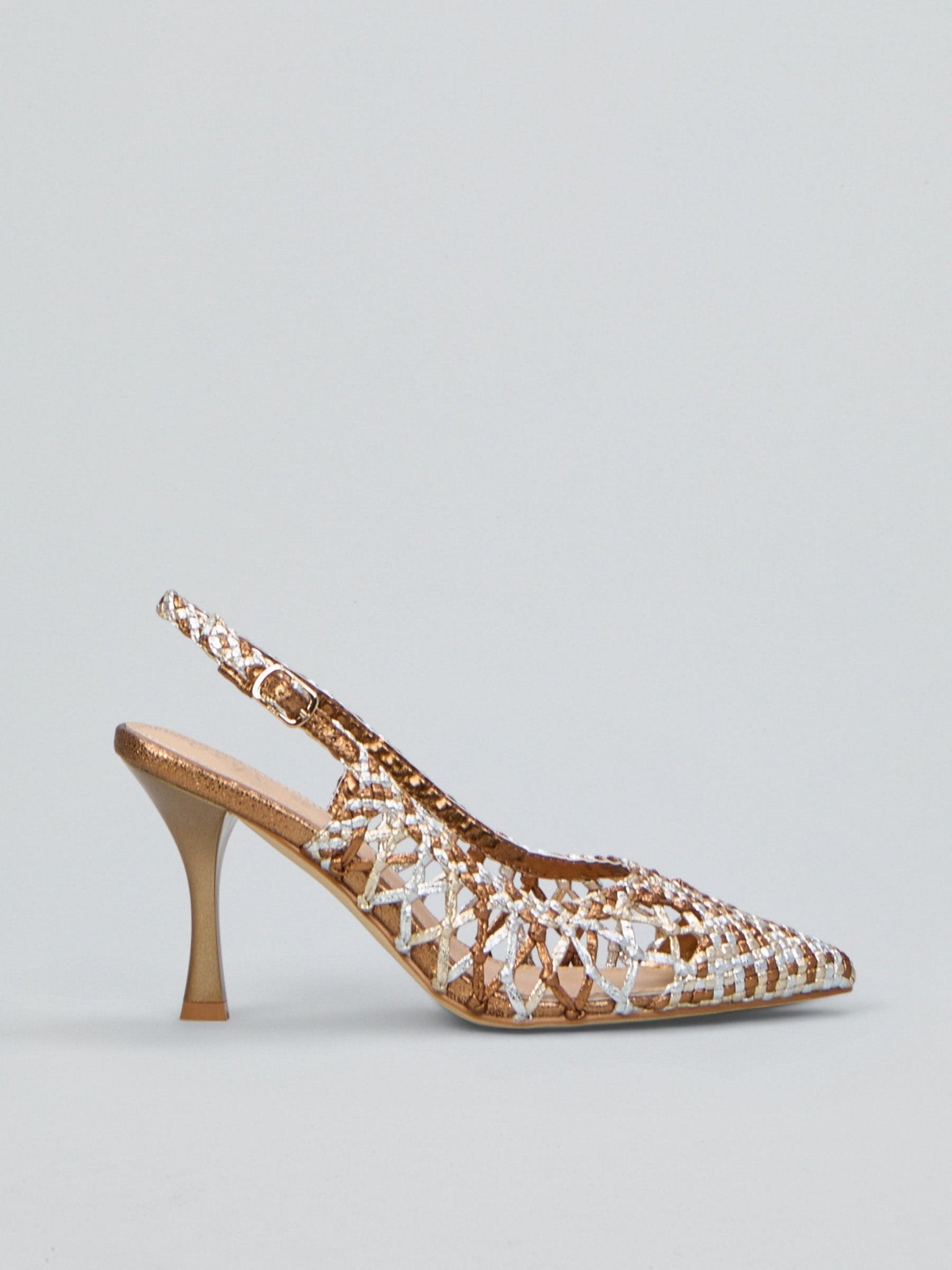 Sandalias de tacón doradas y plateadas de tiras trenzadas - OLIVIA BRUTUS